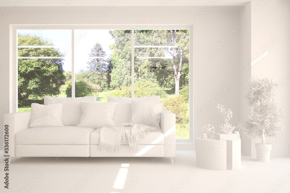 White living room with sofa and summer landscape in window. Scandinavian interior design. 3D illustration White living room with sofa and summer landscape in window. Scandinavian interior design. 3D illustration