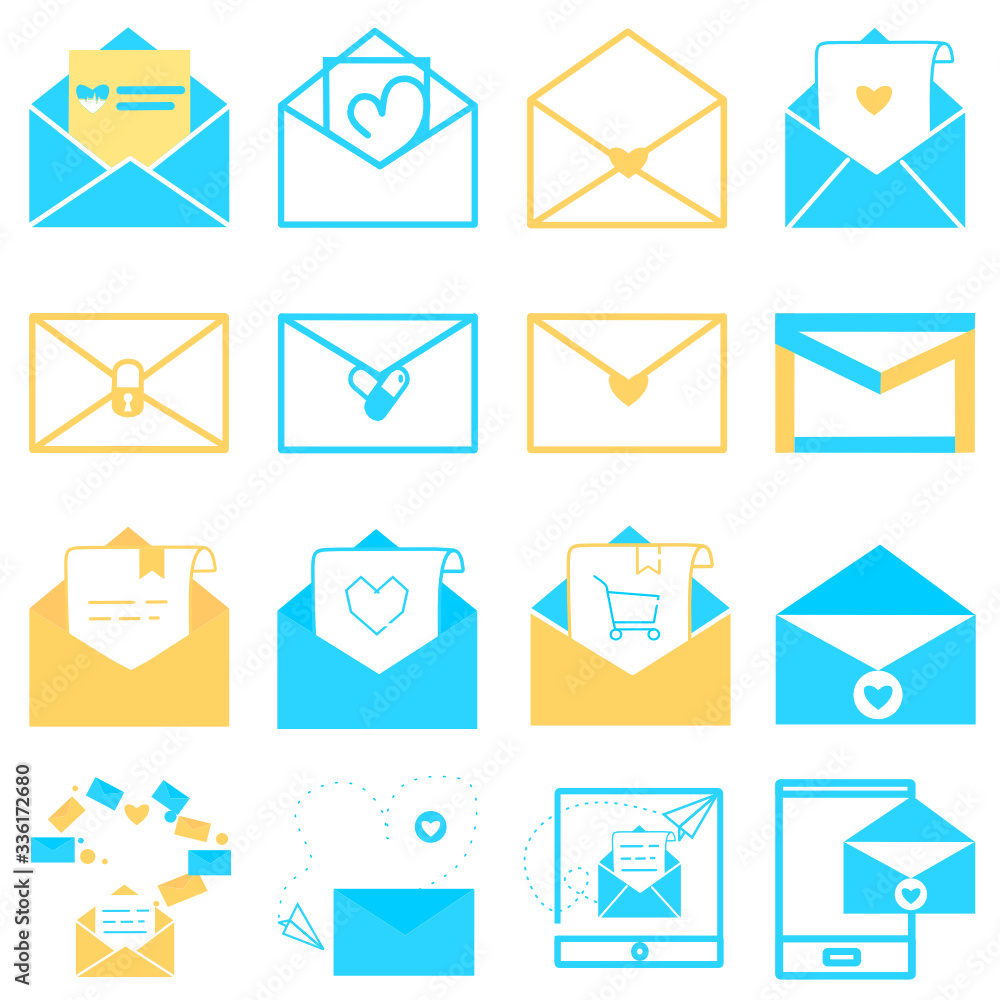 Set of email icons. Open envelope pictogram. Mail symbol, email and messaging, email marketing campaign for website design, mobile application, ui. Sending or receiving email concept working process. Set of email icons. Open envelope pictogram. Mail symbol, email and messaging, email marketing campaign for website design, mobile application, ui. Sending or receiving email concept working process.