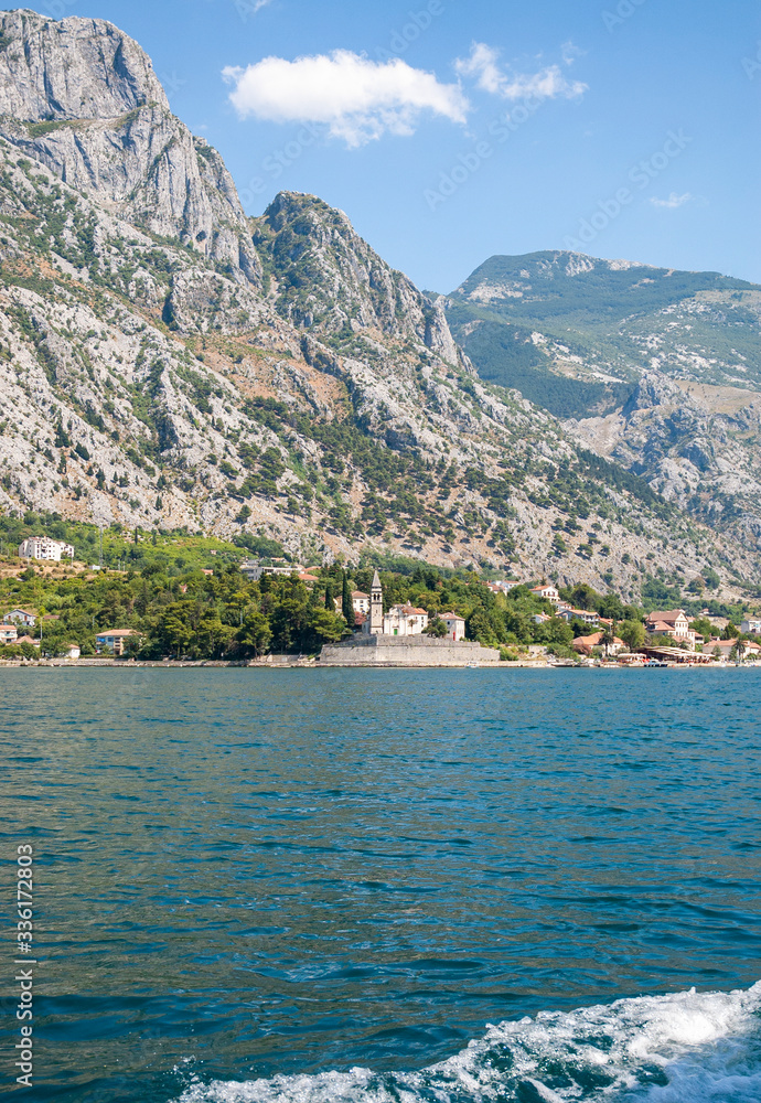 View to the Perast Old Town, Saint Nicholas church and coast of Bay of Kotor, Montenegro