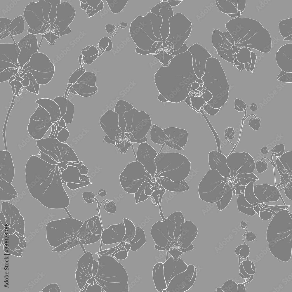 Floral seamless pattern with flowers orchids. Hand drawn. Tropical plants for design, textile, print, wallpapers, wrapping paper. Vector stock illustration.