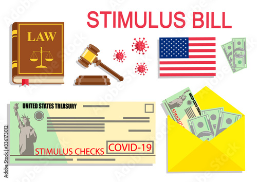 Individual checks and dollars on american flag. Financial incentive bill. Coronavirus Covid-19 concept. vector illustration