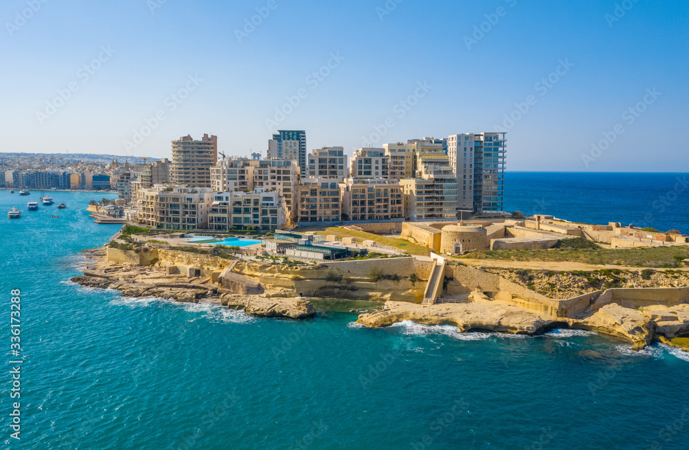 Aerial view of Tigne Point apartment in Sliema city. Malta island. Sunny day, blue clear sky, Mediterranean sea