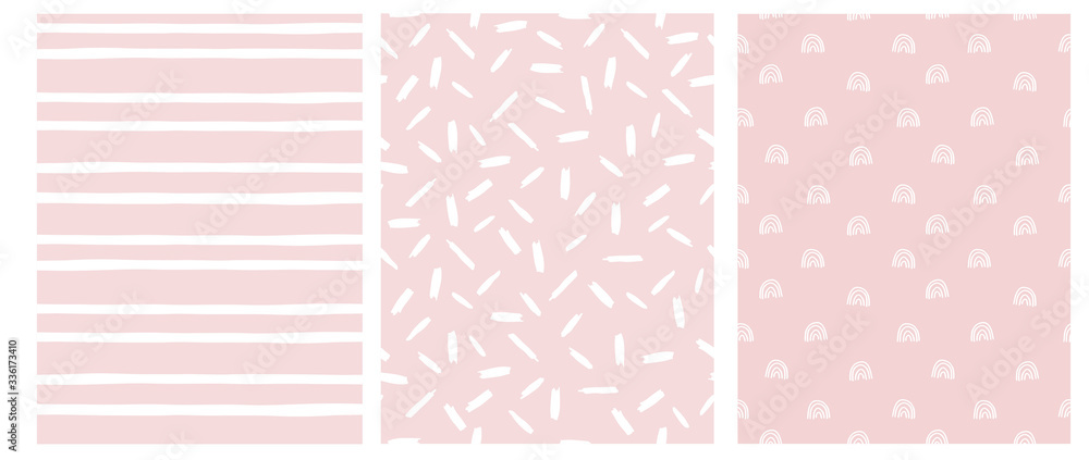 Abstract Hand Drawn Childish Style Seamless Vector Patterns. White Arches, Stripes and Spots on a Various Pink Backgrounds. Simple Irregular Geometric Vector Prints. Pastel Color Design. Abstract Hand Drawn Childish Style Seamless Vector Patterns. White Arches, Stripes and Spots on a Various Pink Backgrounds. Simple Irregular Geometric Vector Prints. Pastel Color Design.