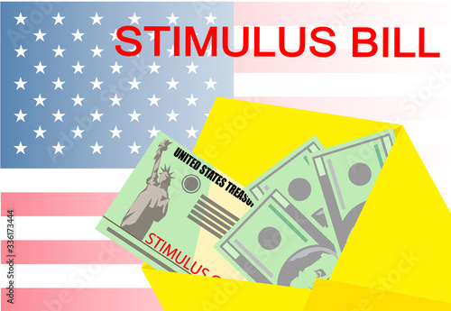 Individual checks and dollars on american flag. Financial incentive bill. Coronavirus Covid-19 concept. vector illustration