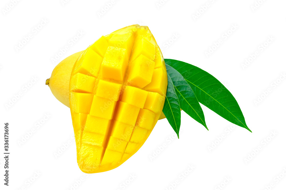 Fresh and beautiful mango fruit with green leaf on white background with clipping path. Fresh and beautiful mango fruit with green leaf on white background with clipping path.