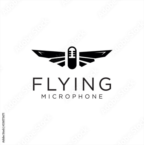 Wing Podcast Logo Design Template . Flying Microphone Logo Design Black Template. 