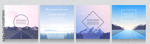 Minimalist vector backgrounds set of 4 landscapes. Social media, blog post templates. Highway with hills, blue winter misty scene, forest and mountain, sunset or sunrise near water. Flat illustration