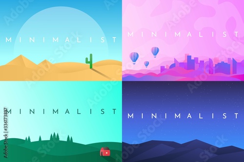 Vector abstract illustration. Minimalist landscapes set. Flat design. Futuristic color. Desert with pyramids, city and air balloons, alone house near woods, night scene in wilderness. Website template