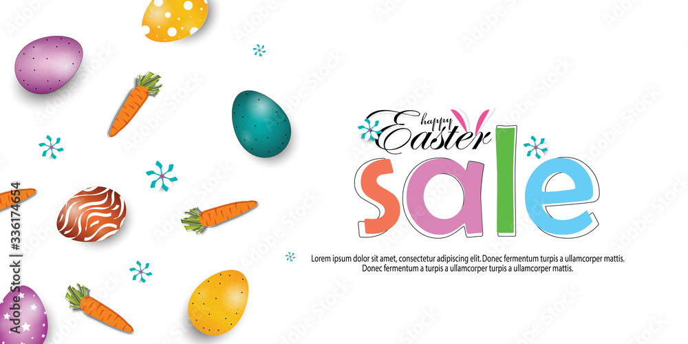 Easter poster and banner template with Fowler, carrots and Easter eggs in the nest on white background. Promotion and shopping template for Easter Day