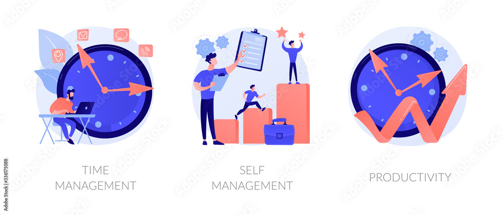 Naklejka Performance increase ways icons set. Motivation and self discipline, goal achievement. Time management, self management, productivity metaphors. Vector isolated concept metaphor illustrations.