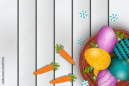 Easter poster and banner template with Fowler, carrots and Easter eggs in the nest on table.Greetings and presents for Easter Day in flat lay styling.Promotion and shopping template for Easter Day