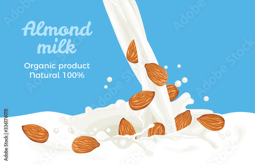 Pouring almond milk isolated on blue background. Splash and drops of milk. Vector illustration of  milk flow in cartoon flat style. Plant-based drink and nuts.  Organic Dairy Free Vegan milk.