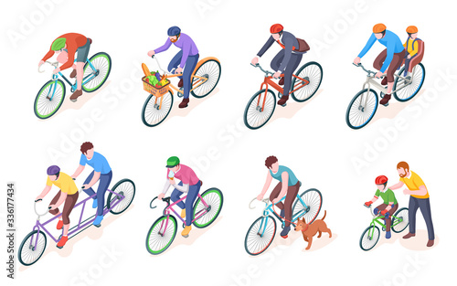 Man on sport bike and father with child or kid on bicycle. Adult men on double wheel and pedal transport with grocery. Biking and travel, exercise or tour vector illustration. Speed, race, road, ride