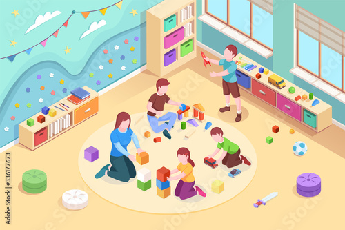 Isometric kindergarten room with playing kids. Children at preschool classroom with teacher. Boys and girl game with rocket and cube. Vector design illustration for playroom with toys.