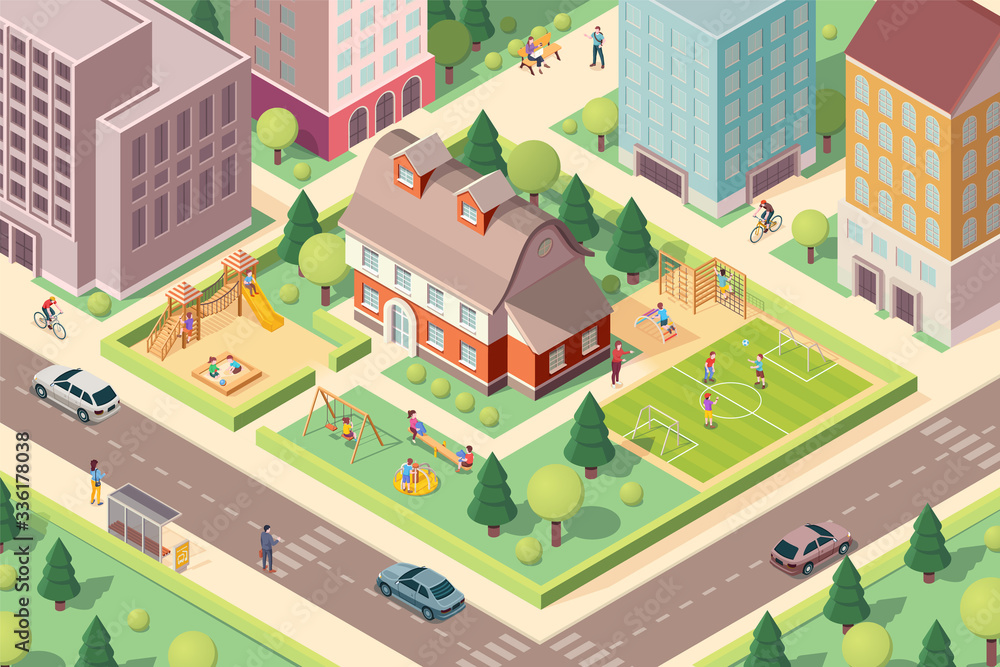 Fototapeta premium Scenery view on kindergarten with playground. Isometric school at city or town block. Schoolyard with swedish ladder and soccer field, slide and carousel, sandbox for children or kids. Architecture