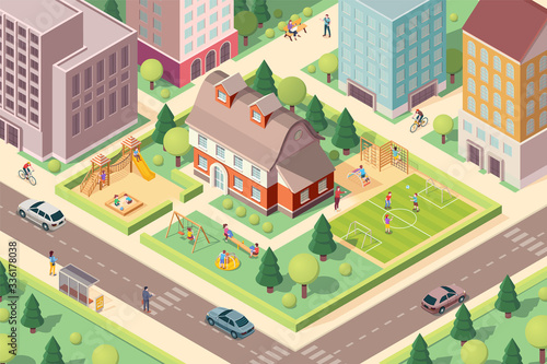 Scenery view on kindergarten with playground. Isometric school at city or town block. Schoolyard with swedish ladder and soccer field, slide and carousel, sandbox for children or kids. Architecture