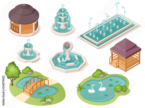 Park fountains, garden ponds and gazebo pavilions, vector isolated isometric constructor elements. Public park and city garden landscape architecture, bridge over ponds with swans and wooden pavilions
