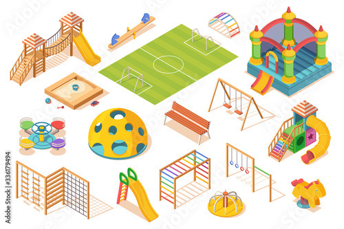 Set of isolated playground elements, isometric view. Children or kids play ground equipment. Slide and carousel, soccer field and swing, sandpit, swedish ladder, castle and bench. Play and game item