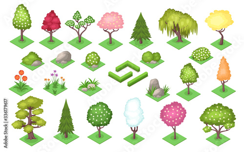 Cartoon trees and bush fence, stones and grass at summer or spring season. Nature landscape element of plants foliage. Park and wood, garden and forest symbols. Timber or lawn decoration. Foliage