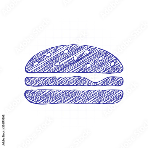 Hamburger icon. Fast food. Hand drawn sketched picture with scribble fill. Blue ink. Doodle on white background