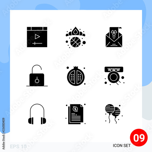 Set of 9 Modern UI Icons Symbols Signs for unlock, safety, e, padlock, invitation photo