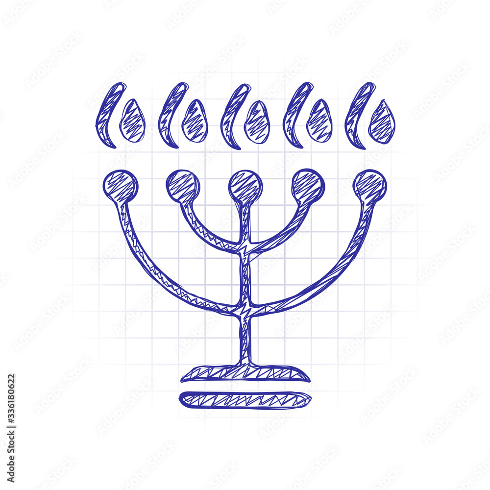 Hanukkah icon or menorah lamp. Outline Jewish Candles. Hand drawn sketched picture with scribble fill. Blue ink. Doodle on white background