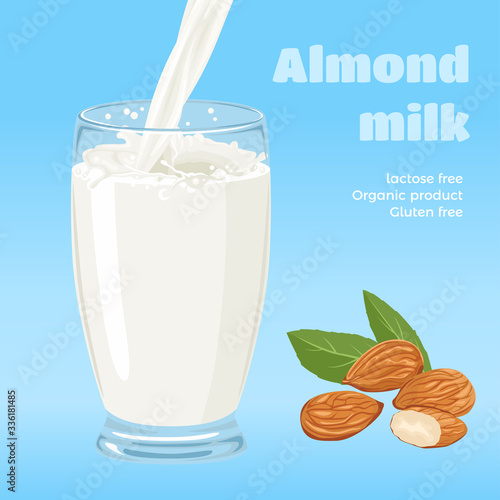 Almond milk in glass isolated on blue background. Pouring vegan nut milk and splash. Plant-based drink in cartoon flat style. Vector illustration of milk flow. Organic Dairy Free beverage.