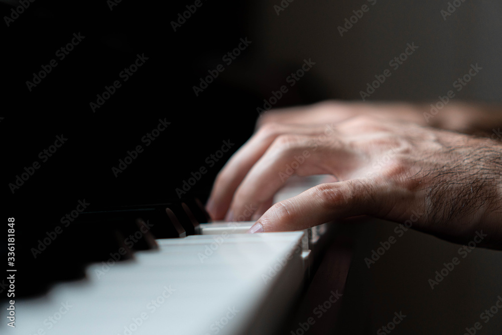 Fototapeta premium hands of a man playing the piano during the day, stylish photo