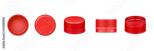 Set of isolated 3d bottle cap or vector realistic lid for water. Red beverage cover from top and bottom, side view. Design of plastic element for liquid cover. Garbage and recycle, fluid container