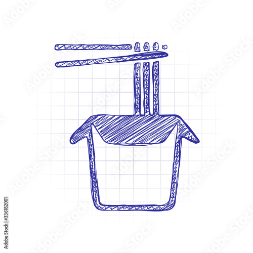 Noodle in box, asian food takeaway, wok icon. Hand drawn sketched picture with scribble fill. Blue ink. Doodle on white background
