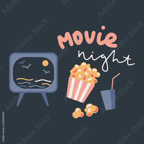 Flat vector cartoon illustration with TV, popcorn and soft drink isolated on blue background. Home activity while isolation period. Movie night concept with hand lettering phrase