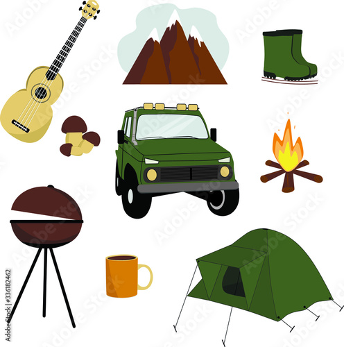 Camping set. Rest, travel. Vector illustration in a flat design