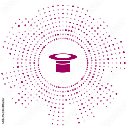 Purple Magician hat icon isolated on white background. Magic trick. Mystery entertainment concept. Abstract circle random dots. Vector Illustration