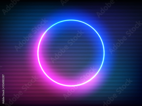 Neon retro circle with VHS effect. Glitch round frame on color backdrop. Futuristic glowing element. Pink and blue electric light for poster, banner or game. Vector illustration