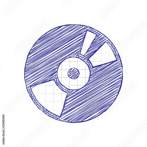 Vintage vinyl, audio disc, dj player. Simple icon, music logo. Hand drawn sketched picture with scribble fill. Blue ink. Doodle on white background