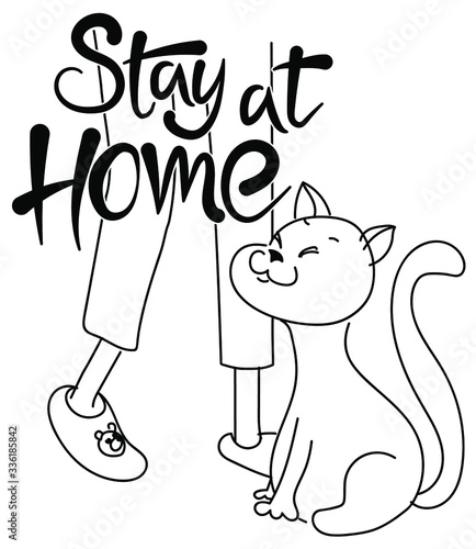 Stay home. Coronavirus defensive campaign or measure, COVID-19. Hand lettering, home slippers, cat. Protection logo COVID 19. Doodle, monochrome vector illustration. Poster, banner, web.