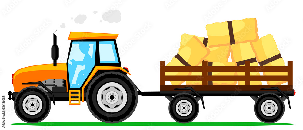 Naklejka premium Tractor with a trailer of hay on white background. Agricultural machinery