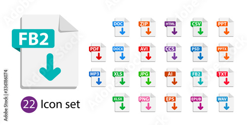 Collection of vector icons. File format extensions icons. PDF, DOC, JPG, PSD, MP3, TXT DOC DOCx ZIP PPT XLS