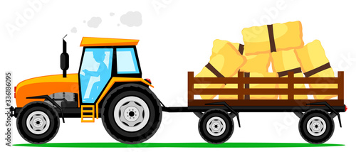 Tractor with a trailer of hay on white background. Agricultural machinery