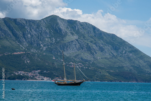 Sailboat in the bay of the Adriatic Sea, near Montenegro.