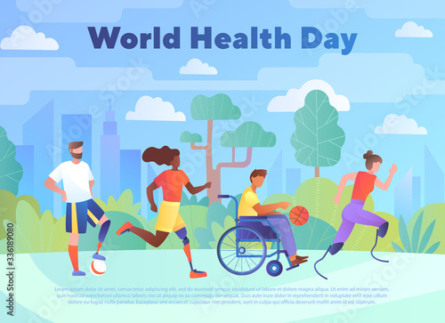 World health day concept. Disabled multiracial people with leg prosthesis running and riding wheelchair. People with disabilities lead an active and healthy lifestyle. Vector illustration