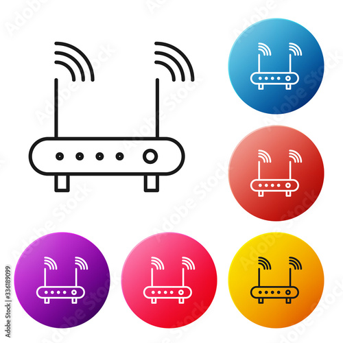 Black line Router and wi-fi signal symbol icon isolated on white background. Wireless ethernet modem router. Computer technology internet. Set icons colorful circle buttons. Vector Illustration