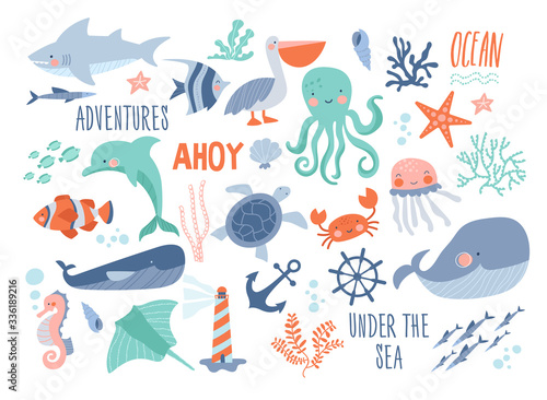 Sea background - cute sea and ocean animals whale, narwhal, ship, lighthouse, anchor, marine plants, wreaths and quotes.
