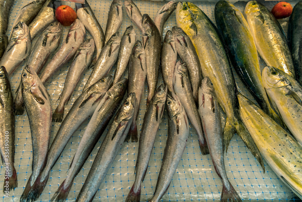 Obraz premium Fresh fish, mackerel and sardines in the local market of Ortigia island in province of Syracuse in Sicily