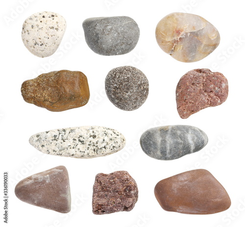 Collection different rocks isolated on white background, clipping path
