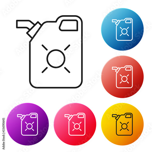 Black line Canister for motor machine oil icon isolated on white background. Oil gallon. Oil change service and repair. Engine oil sign. Set icons colorful circle buttons. Vector Illustration