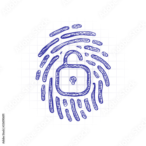 Fingerprint with open lock, personal protect, secutiry icon. Hand drawn sketched picture with scribble fill. Blue ink. Doodle on white background