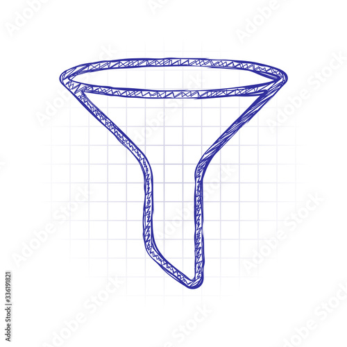 funnel or filter, linear outline icon. Hand drawn sketched picture with scribble fill. Blue ink. Doodle on white background