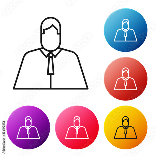 Black line Lawyer, attorney, jurist icon isolated on white background. Jurisprudence, law or court icon. Set icons colorful circle buttons. Vector Illustration