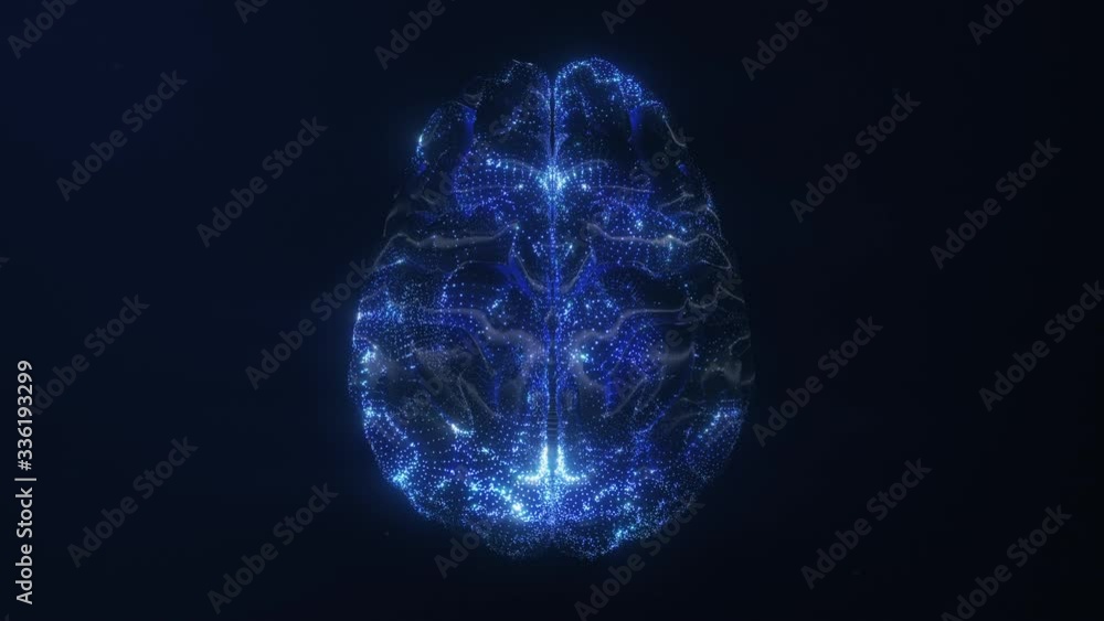 3D render of the human brain top view. Blue particles follow brain structure, neuronal and synapse activity, thinking, Artificial Intelligence and deep learning, digital brain with electrical impulses